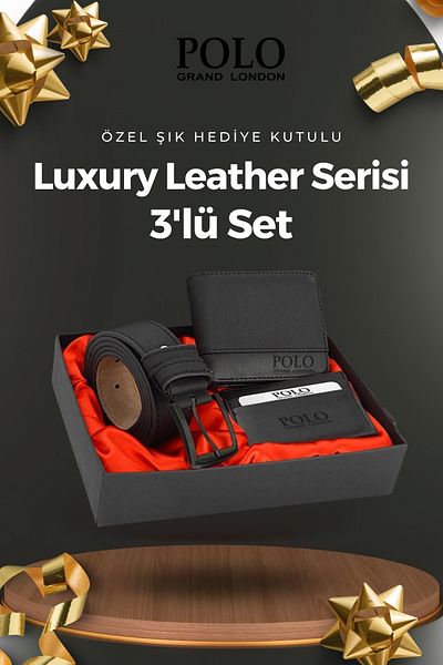 POLOGRAND London Original Men's 3-Piece Special Gift Boxed Luxury Groom Gift Stylish Leather Belt Wallet and Card Holder Set