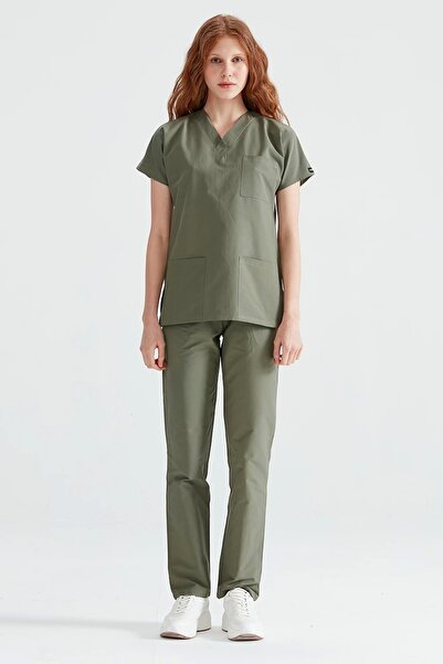 Moodamedikal Kına Yeşili Tek Renkli Likralı Kumaş Cerrahi Takım V Yaka Forma