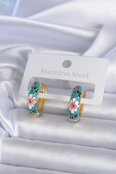 Skygo Ieg ™   316L Steel Gold Color Blue Flower Embroidery Detail Women's Ear...