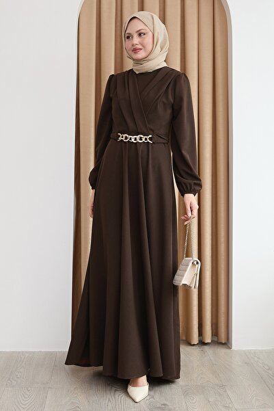 InStyle Kruvaze Yaka Zincir Kemerli Kahverengi Elbise