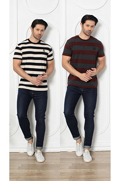 Ramior 2-Piece Men's Special Design Striped T-Shirt with Embroidery Detail