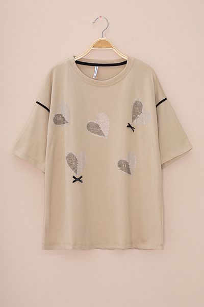 Cansın Mini Beige Sleeve Stripe Detailed Sequined Girl's Oversize T-Shirt 20810