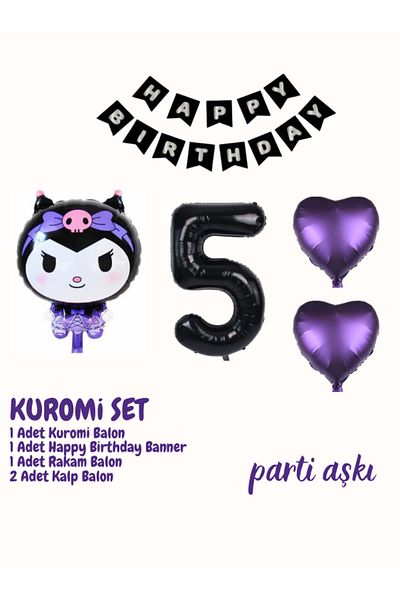 PARTİ AŞKI Sanrio Kuromi Balloon Set 5 τεμαχίων Kuromi Set & Girl's Concept Σετ μπαλονιών γενεθλίων
