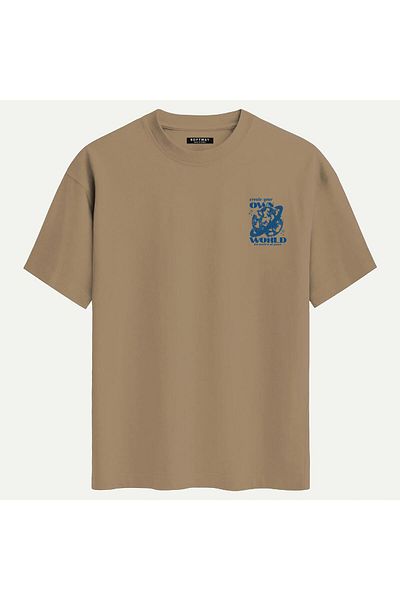 SOFTWAY Unisex Crew Neck 100% Organic Cotton Thick Textured Own World Printed Oversize T-Shirt - Light Kah