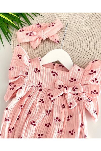 Jammybaby Cherry Patterned Bow Detailed 100% Cotton Muslin Baby Girl Jumpsuit and Bandana Set - Powder