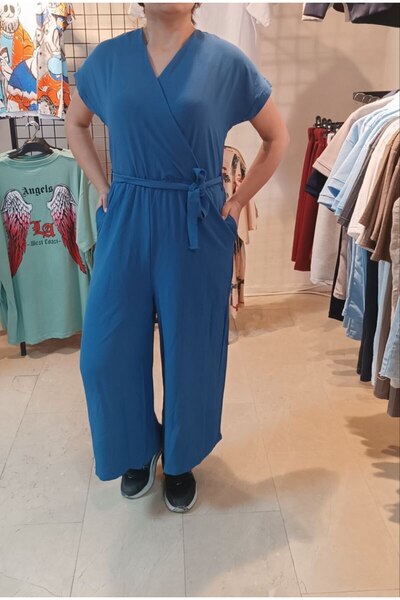 MODA Large Size Ayrobin Fabric V-Neck Belted Jumpsuit