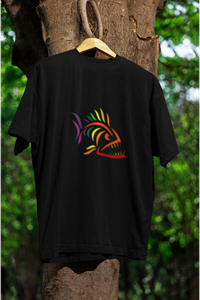 MG تي شيرت قطني برقبة دائرية للجنسين مطبوع عليه سمكة مقاس كبير وأكمام قصيرة