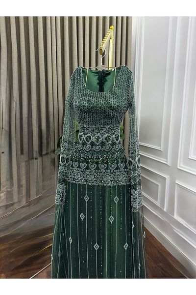 NR FASHION Dark olive dress studded with silver stones