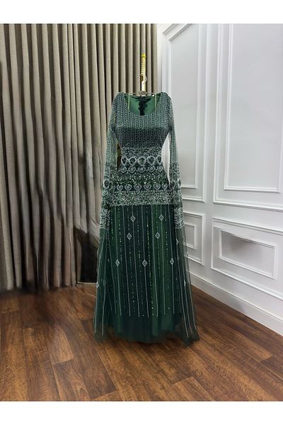 NR FASHION Dark olive dress studded with silver stones