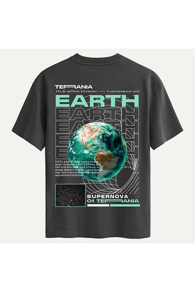 SOFTWAY Unisex Crew Neck 100% Organic Cotton Thick Textured Earth Printed Oversize T-Shirt - Smoked