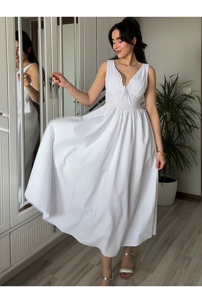AB LOOKS Γυναικείο κορσέ με λουράκι με χαμηλό κούφιο μακρύ καλοκαιρινό φόρεμα Νέας σεζόν Φόρεμα από ποπλίνα