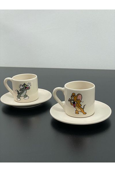 YzHome Set of 2 Personality Ceramic Coffee Cup Set 90ml Tom and Jerry