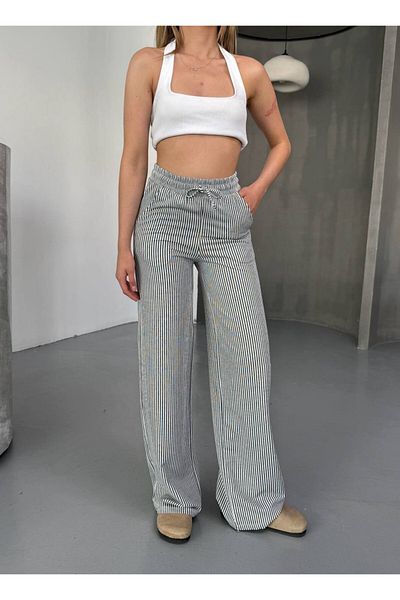 soBasic Striped Elastic Waist Wide Leg Trousers