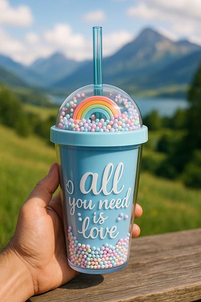 MİS KİTCHEN Glitter Sequin Glass Double Walled Glass with Straw Lid Water Bottle 450 ml Mica Glass
