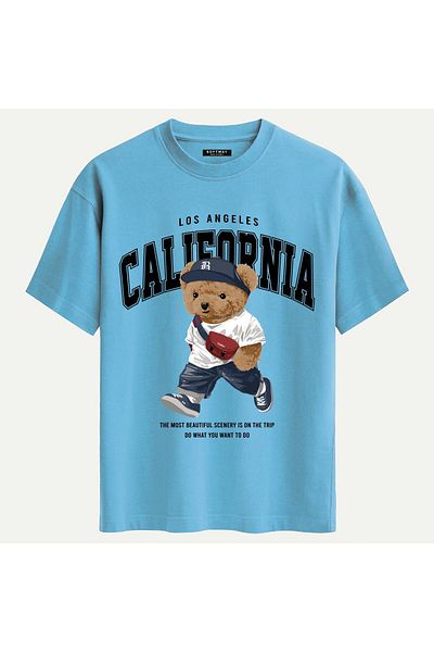 SOFTWAY Unisex Crew Neck 100% Organic Cotton Thick Textured California Printed Oversize T-Shirt - Blue