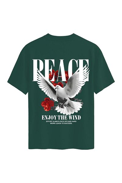 SOFTWAY Unisex Crew Neck 100% Organic Cotton Thick Textured Peace Printed Oversize T-Shirt - Dark Green