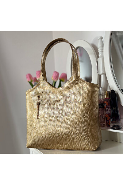 OEM Women's Bag, Shopper, Natural Leather, Gold, Snake Type, Handmade