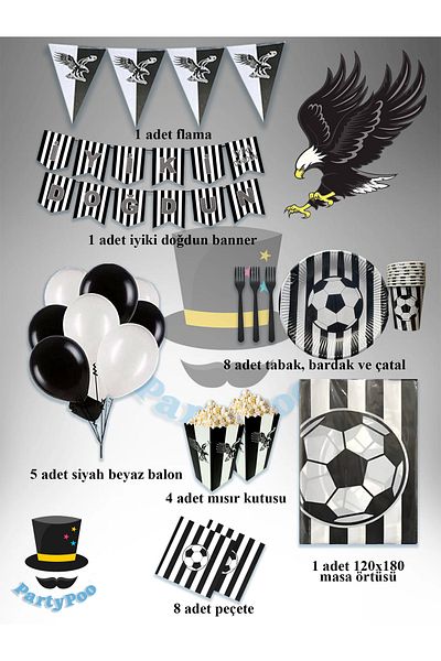 PartyPoo 8 Person Black and White Football Fan Birthday Set – Black and White Party Supplies Full Package