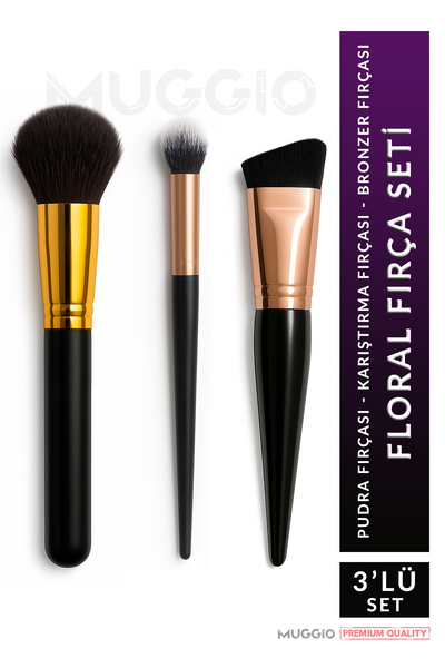 Muggio Floral Premium 3'lü Makyaj Fırça Seti Pudra - Karıştırma - Bronzer Fırçası