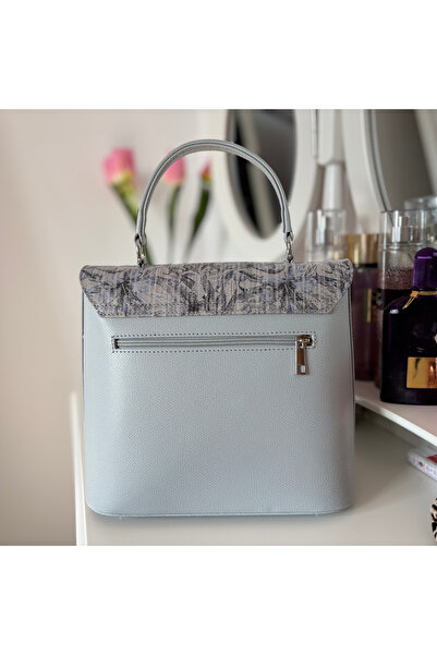 OEM Women's Bag, Office, Natural Leather, Blue, Snake Decoration on the Flap, Handmade