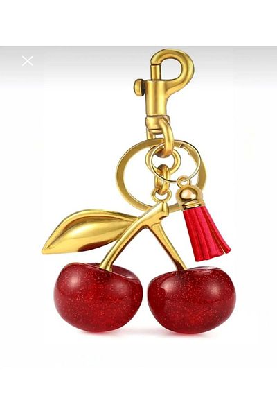 PARLAK EVREN Cherry Design Gold Color Keychain & Bag Ornament (Bag Not Included)