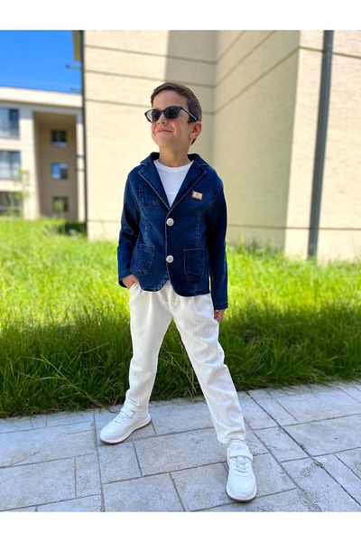 STAR GOGO KİDS Boy's Denim Blazer Jacket and Linen Trousers Set, Comfortable Fit. (4 Pieces Belt Included.)