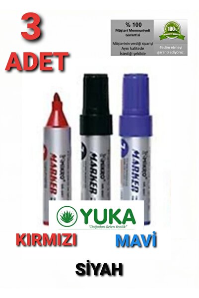 Yuka Siyah,kırmızı,mavi Kesik Uçlu Marker Silinmeyen Kalem 3 Adet