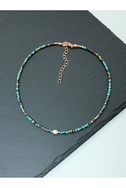 Yelda's İnci ve Turkuaz Doğal Taşlı Rose Altın Kaplama Kadın Kolye - madalyon...