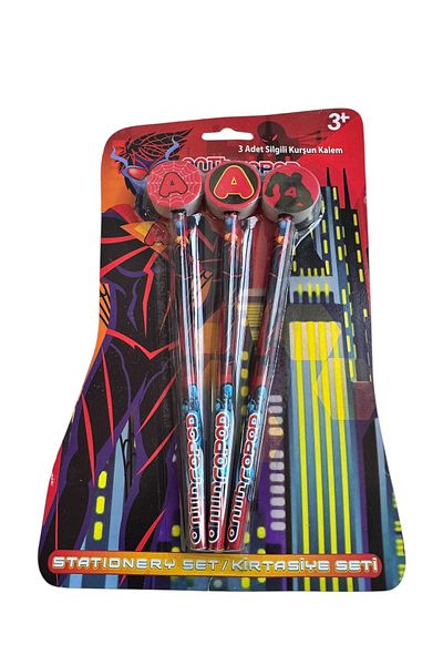 Polin Decorative 3 Pcs Pencils with Eraser Set for Kids, Fashion, Gemini and Anthropod Designs