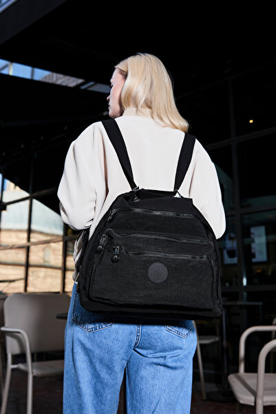 Sanmorris Kadın 7 Bölmeli Krinkıl Kumaş Suya Dayanıklı Siyah Omuz Ve Sırt Çan...