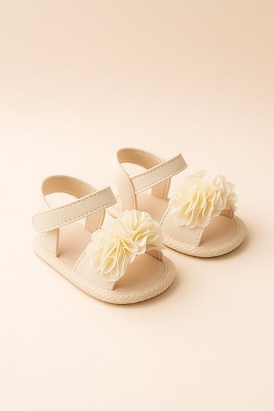SIRRI Baby Girl Ecru Floral First Step Ballerina Sandals – Soft Sole (3-12 Months)
