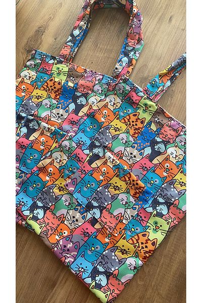 homecandleglow Mixed Cat Cloth Bag, Eco-Friendly Bag, Hand and Shoulder Bag with Pocket Detail, Shopping, Beach