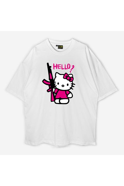 swOzz Tricou cu scris unisex supradimensionat – Design inspirat de Hello Kitty |   Model imprimat în stil stradal
