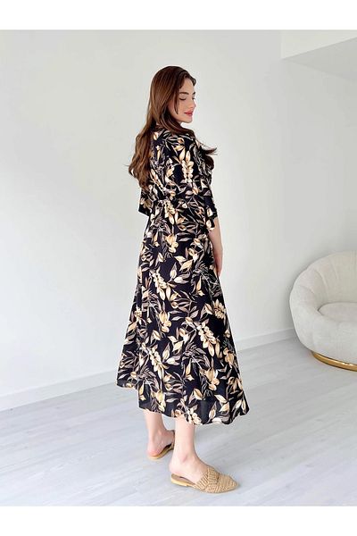 Lusin Women's Black Floral Patterned Front Slit Detailed Double Breasted Collar Midi Length Summer Dress