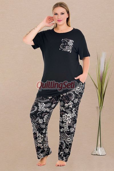 quilling Black Color and Floral Pattern 11011 Short-Sleeve Women Plus Size Mother Pajamas Set