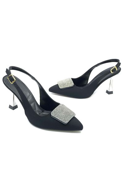 KCMN Feles Stone Buckle Detailed Open Back Stiletto Women's Heeled Shoes Black