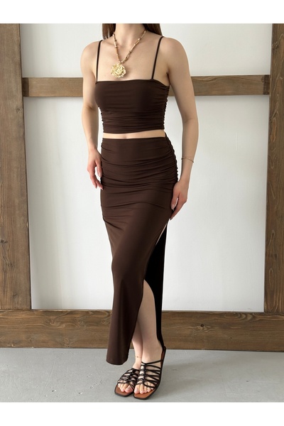 FEWTİNT Suit-Side Shiring Detail, Lined, Long Skirt. Thin Straps, Side Shiring Crop Bluz.