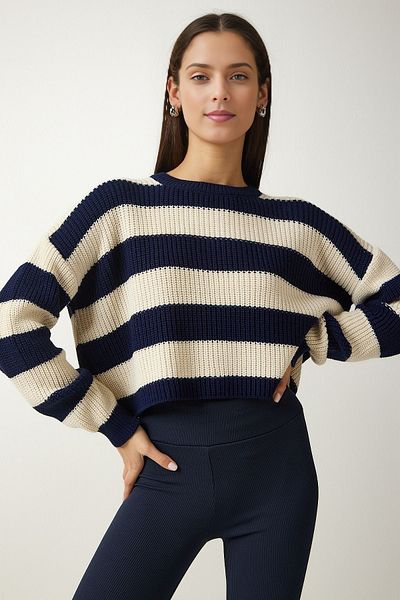 KURGAN TEKSTİL Tricotaj cu dungi Crop Crew Gât Pulover Bleumarin