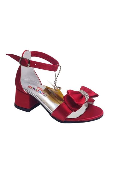 wakawakakidsstore Red Bow and Stone Detailed Thick Heeled Girl's Evening Dress Shoes