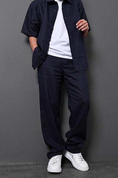 Slatra Ανδρικό παντελόνι Navy Blue 100% ακατέργαστο λινό φαρδύ