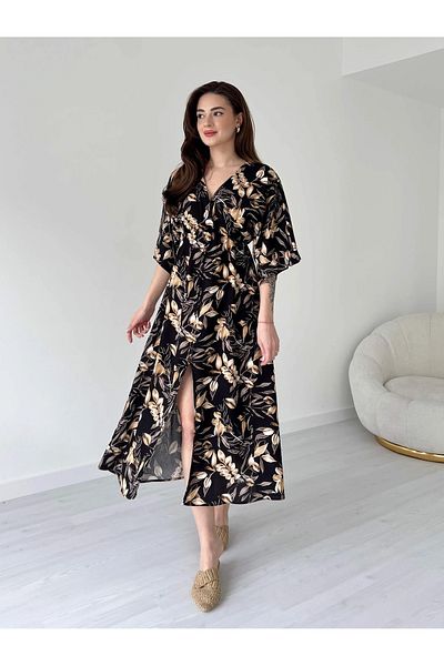 Lusin Women's Black Floral Patterned Front Slit Detailed Double Breasted Collar Midi Length Summer Dress