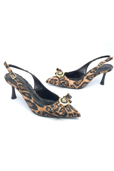 KCMN Feles Bow Yellow Buckle Detailed Open Back Stiletto Women's Heeled Shoes Leopard