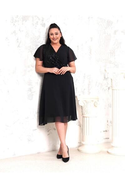 Şirin Butik Women's Black Plus Size Double Breasted Collar Short Sleeve Sequin Detailed Chiffon Midi Length Evening Dress