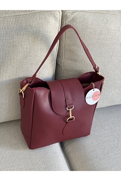 BAGLOVİS ÖNÜ KANCA VE HALKA DETAYLI ORTA BOY BORDO KADIN OMUZ ÇANTASI EN25 UZN25