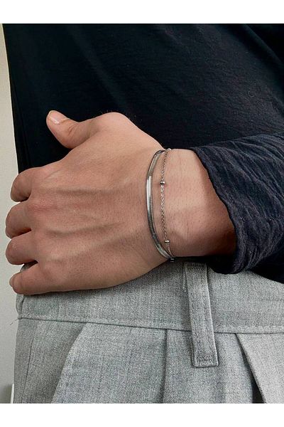 Arvens Silver Men's Double Chain Bracelet Women's Stainless Steel Colorfast Unisex Tarnish-Free Steel Bracelet