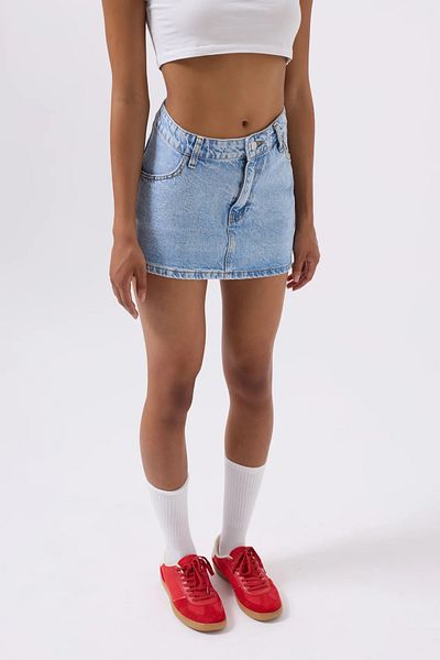 vuvutasarım Fusta mini pentru femei, cu patru buzunare, talie detaliată, formă asimetrică, cu nasturi și fermoar, denim, denim, 52202071