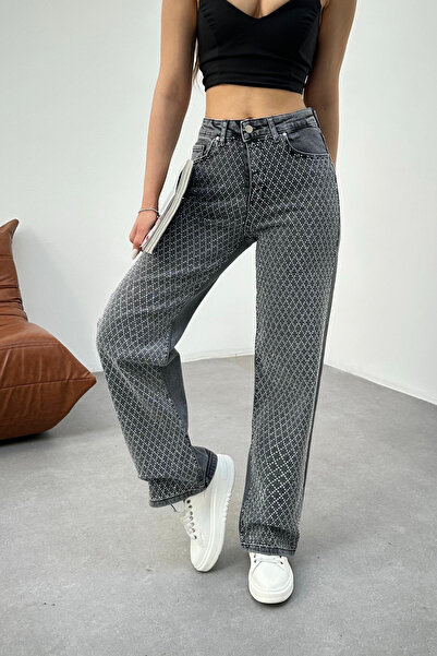 BİKELİFE Women's Smoked High Waist Mini Diamond Stone Lycra Straight Jeans