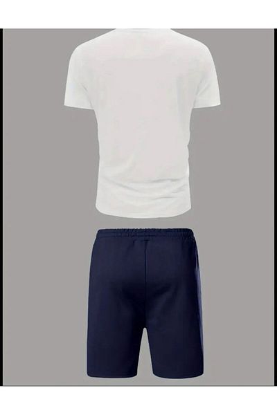 SELENA BUTİK Unisex Faded White T-Shirt Navy Blue Shorts Bottom Top Set