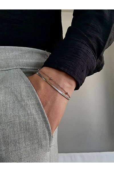 Arvens Silver Men's Double Chain Bracelet Women's Stainless Steel Colorfast Unisex Tarnish-Free Steel Bracelet