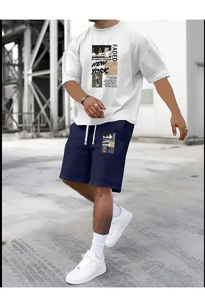 SELENA BUTİK Unisex Faded White T-Shirt Navy Blue Shorts Bottom Top Set